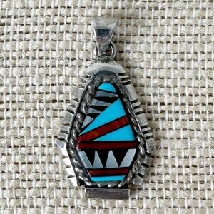 Native American Sterling Silver & Multi Stone Inlay Pendant Turquoise Onyx Coral